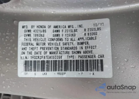 2014 Honda Accord Ex-L from USA, damaged, VIN 1HGCR2F87EA053356